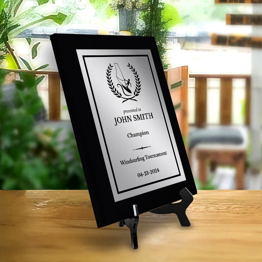 Windsurfing Customizable Black Frame Wooden Award Plaque | Easel Mount Option | Achievement and Recognition Personalizable Plaques | Sports Award