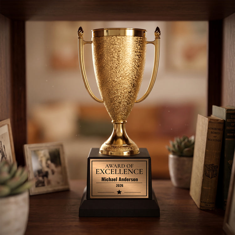 All Quality Award of Excellence Cup Trophy, Custom Engraved Gold Cup — Personalized Award of Excellence for Employees, Students & Teams