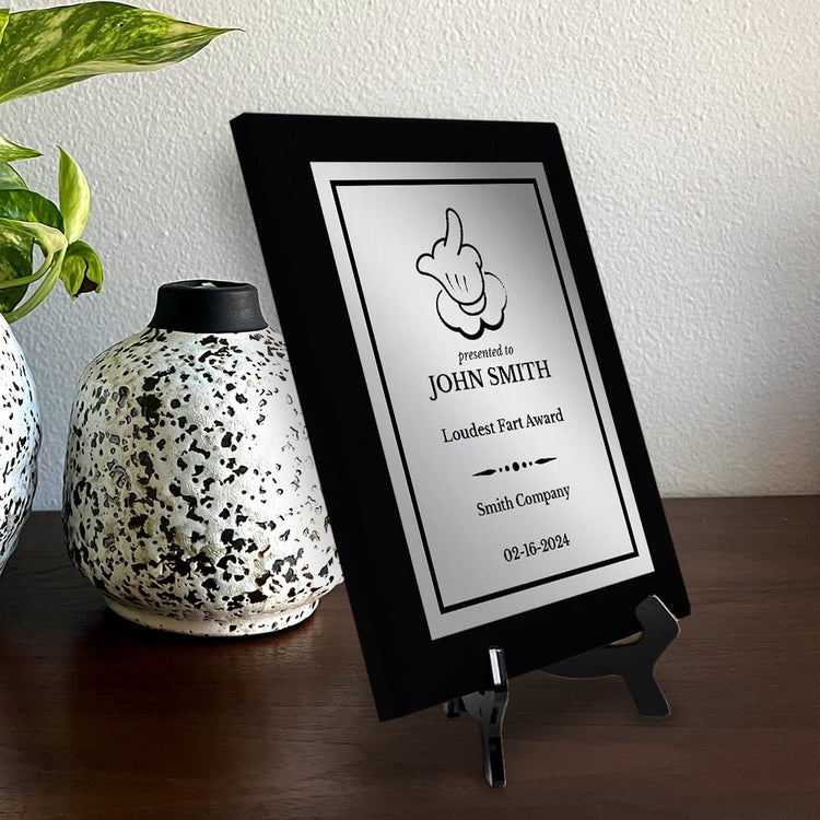 Middle Finger Novelty Funny Customizable Black Frame Award Plaque | Easel Mount Option | Funny Parody Achievement Personalizable Plaques