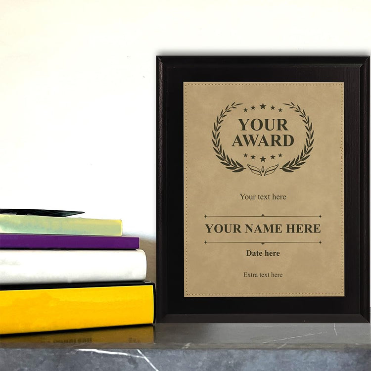 Customizable Leatherette Award Plaque, Black Wood Frame Custom Wall Plaque With Optional Acrylic Easel Stand | Personalized Engraving