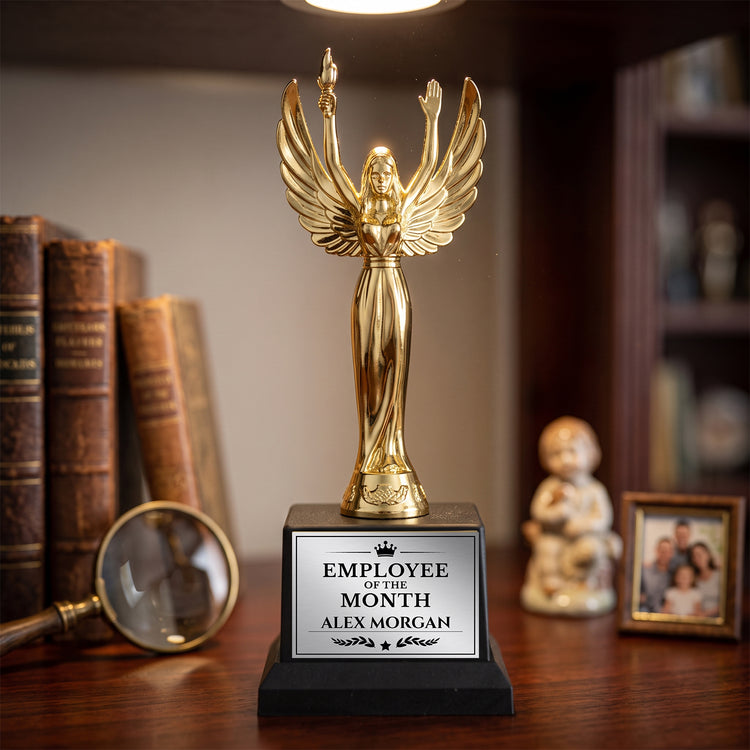 All Quality Employee of the Month Trophy, Winged Victory Figure, Custom Engraved — Personalized Monthly Workplace Recognition Award