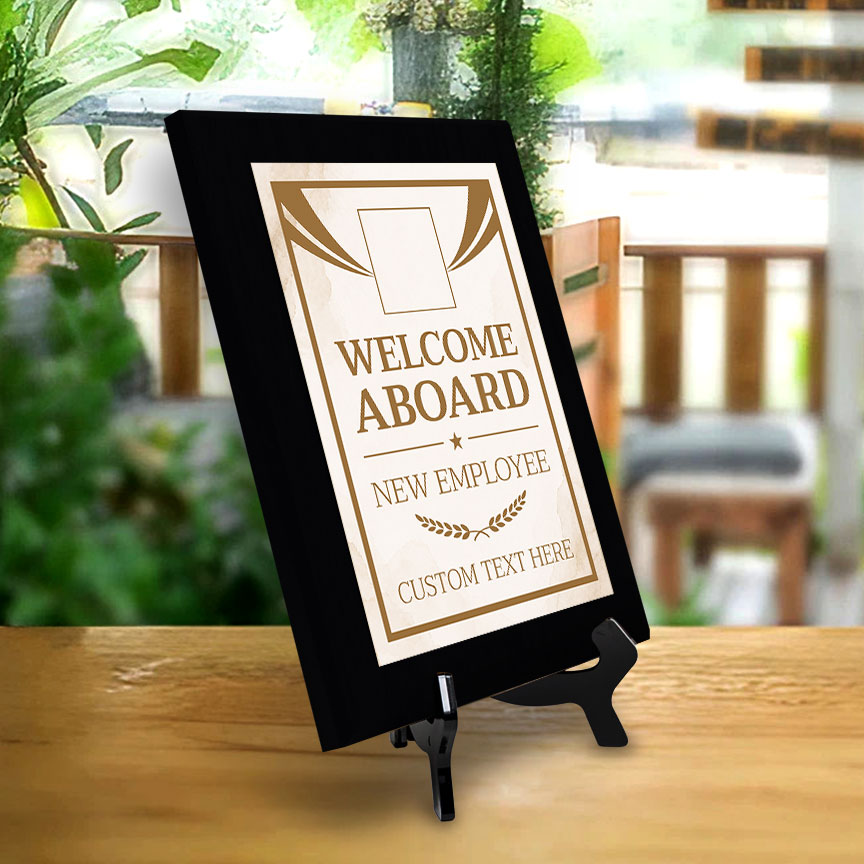 Welcome Aboard — New Employee Award Personalized (Black) Wall Plaque With Easel Acrylic Stand | Workplace Recognition Ceremonies Award Plaques