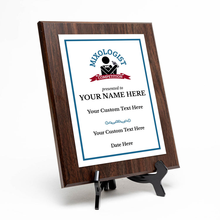 Mixologist Competition Customizable Award Plaque | Easel Mount Option | Achievement and Recognition Personalizable Plaques