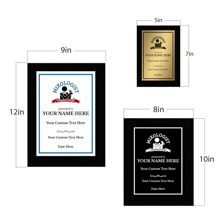 Mixologist Competition Customizable Black Frame Award Plaque | Easel Mount Option | Achievement and Recognition Personalizable Plaques