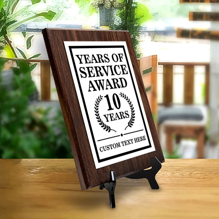 Years of Service Award Plaque — 10 Years Award Personalized (Wooden) Wall Plaque With Easel Acrylic Stand | Workplace Recognition Ceremonies Award Plaques