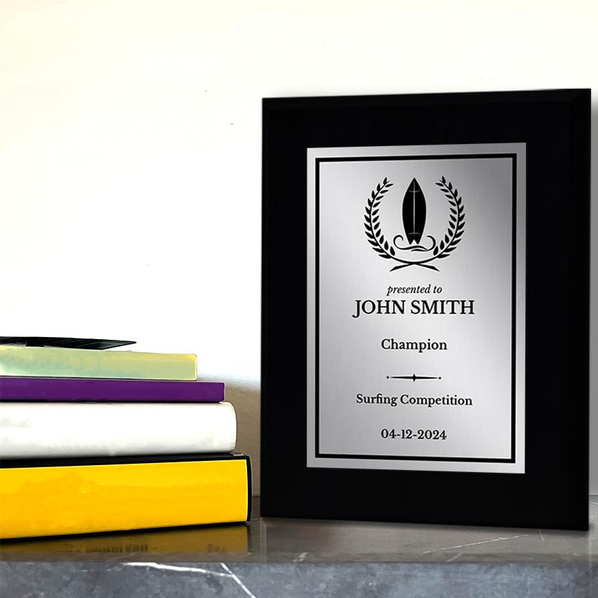 Surfing Customizable Black Frame Wooden Award Plaque | Easel Mount Option | Achievement and Recognition Personalizable Plaques