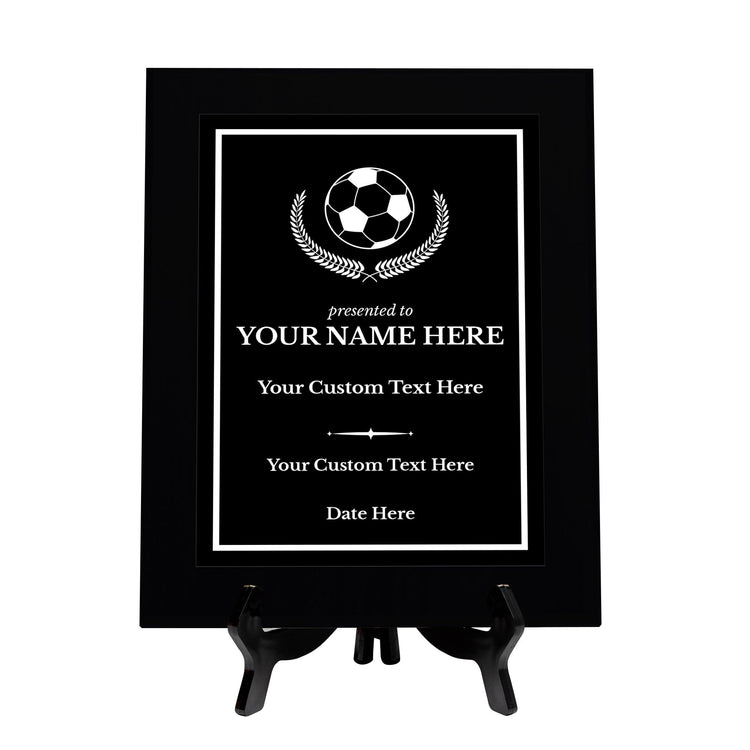 Soccer Customizable Black Frame Wooden Award Plaque | Easel Mount Option | Achievement and Recognition Personalizable Plaques