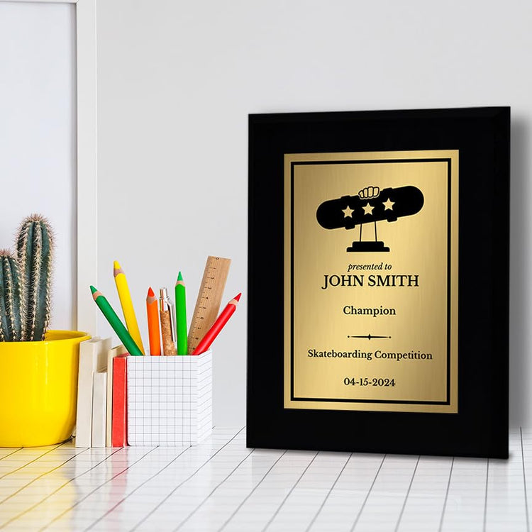 Skateboarding Customizable Black Frame Wooden Award Plaque | Easel Mount Option | Achievement and Recognition Personalizable Plaques