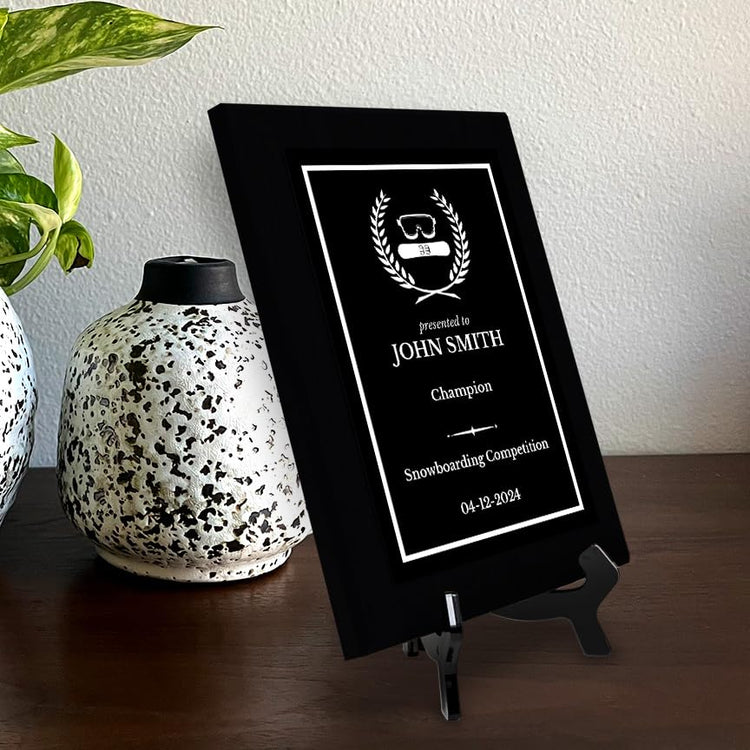 Snowboarding Customizable Black Frame Wooden Award Plaque | Easel Mount Option | Achievement and Recognition Personalizable Plaques