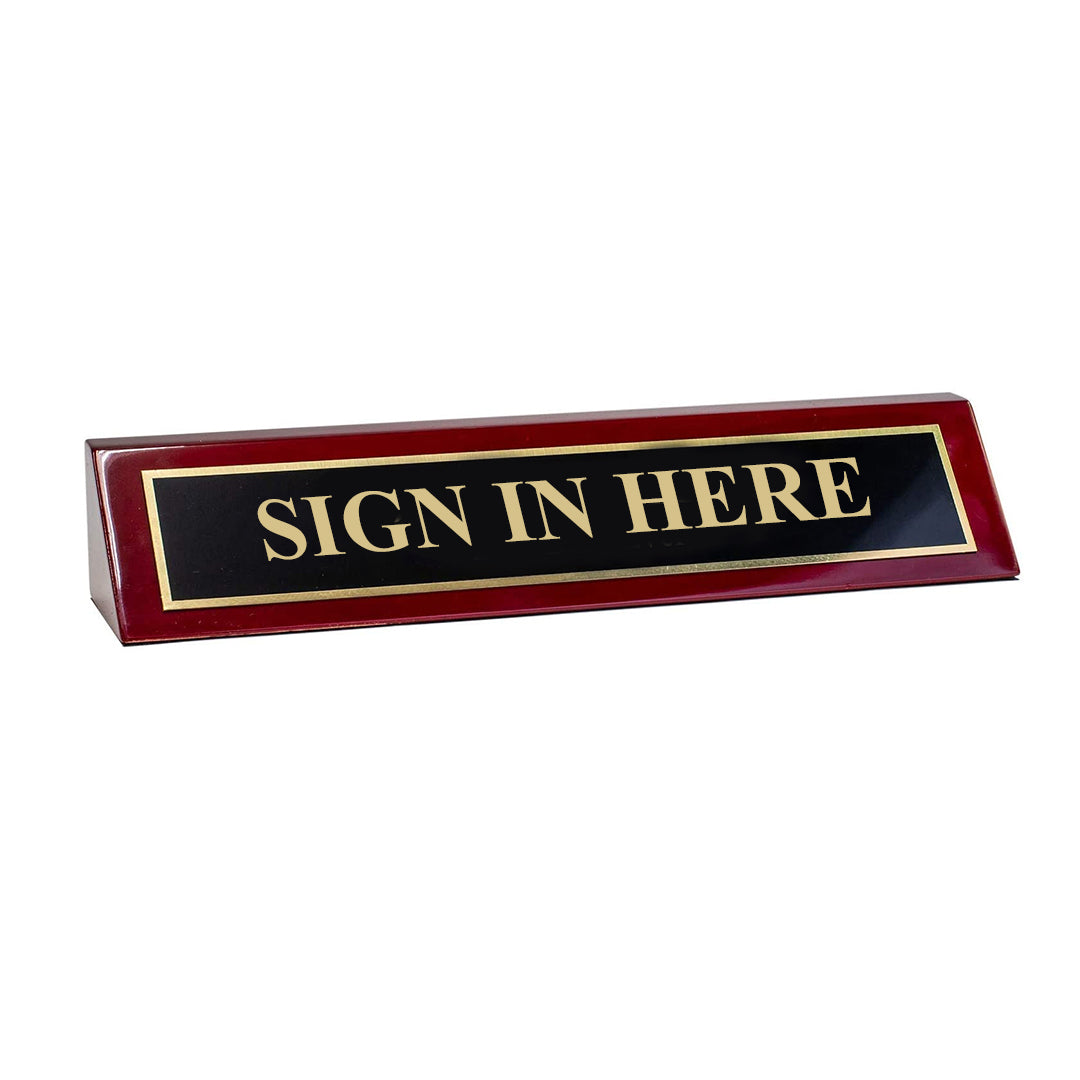 Piano Finished Rosewood Standard Engraved Desk Name Plate 'Sign In Here', 2" x 8", Black/Gold Plate