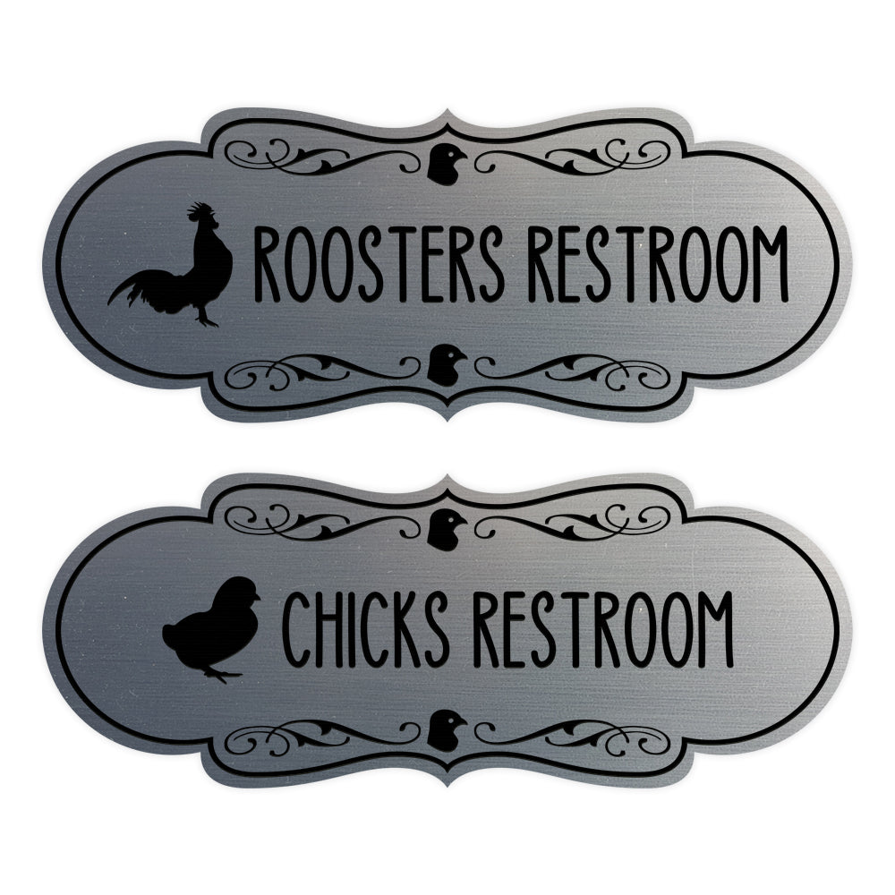Designer Chicks and Roosters Novelty Restroom Signs (Set of 2) Wall or Door Sign