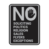 Portrait Round No Soliciting No Politics No Religion No Sales No Flyers No Exceptions Wall or Door Sign