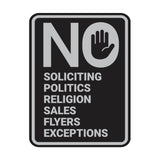Portrait Round No Soliciting No Politics No Religion No Sales No Flyers No Exceptions Wall or Door Sign