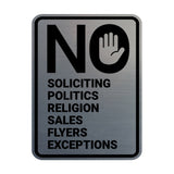 Portrait Round No Soliciting No Politics No Religion No Sales No Flyers No Exceptions Wall or Door Sign