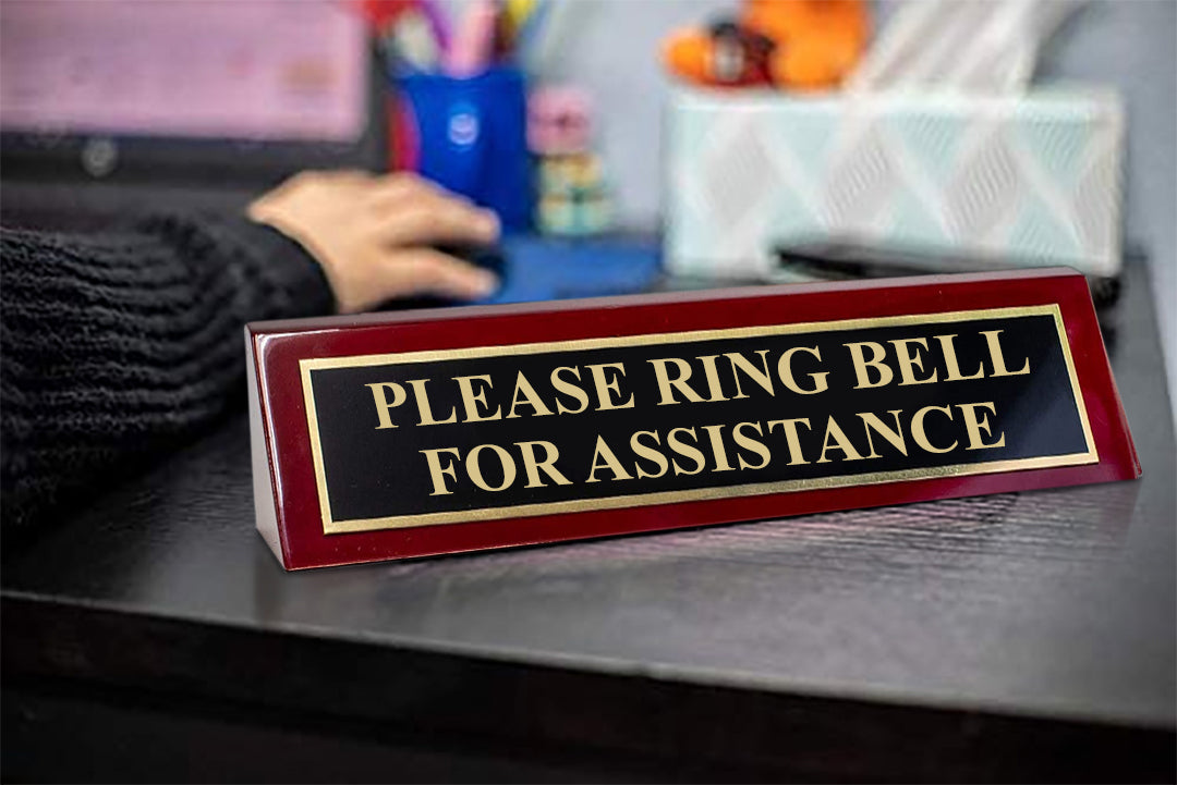 Piano Finished Rosewood Standard Engraved Desk Name Plate 'Please Ring Bell For Assistance', 2" x 8", Black/Gold Plate