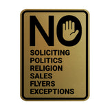Portrait Round No Soliciting No Politics No Religion No Sales No Flyers No Exceptions Wall or Door Sign