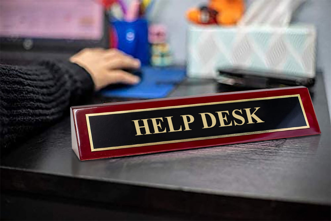 Piano Finished Rosewood Standard Engraved Desk Name Plate 'Help Desk', 2" x 8", Black/Gold Plate