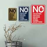 Portrait Round No Soliciting No Politics No Religion No Sales No Flyers No Exceptions Wall or Door Sign