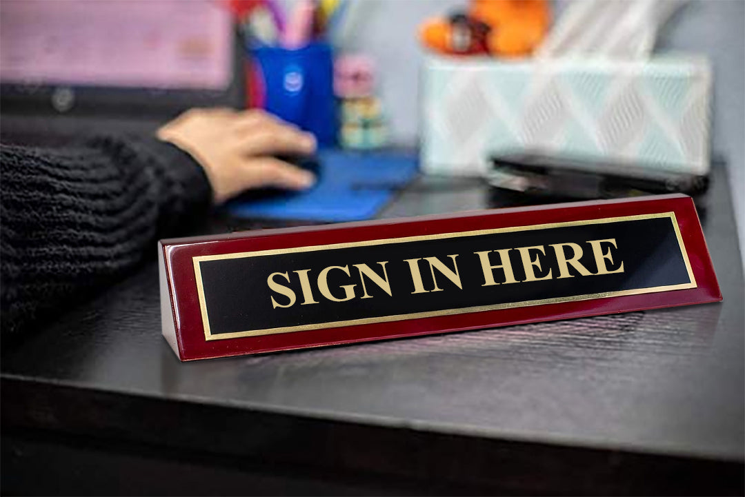 Piano Finished Rosewood Standard Engraved Desk Name Plate 'Sign In Here', 2" x 8", Black/Gold Plate