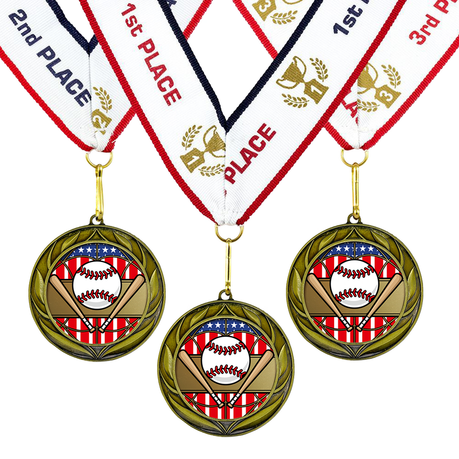 Gold, silver, and bronze baseball medals with place ribbons