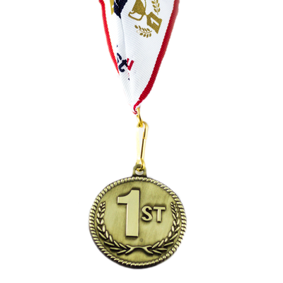 Gold first place medal hanging from its ribbon