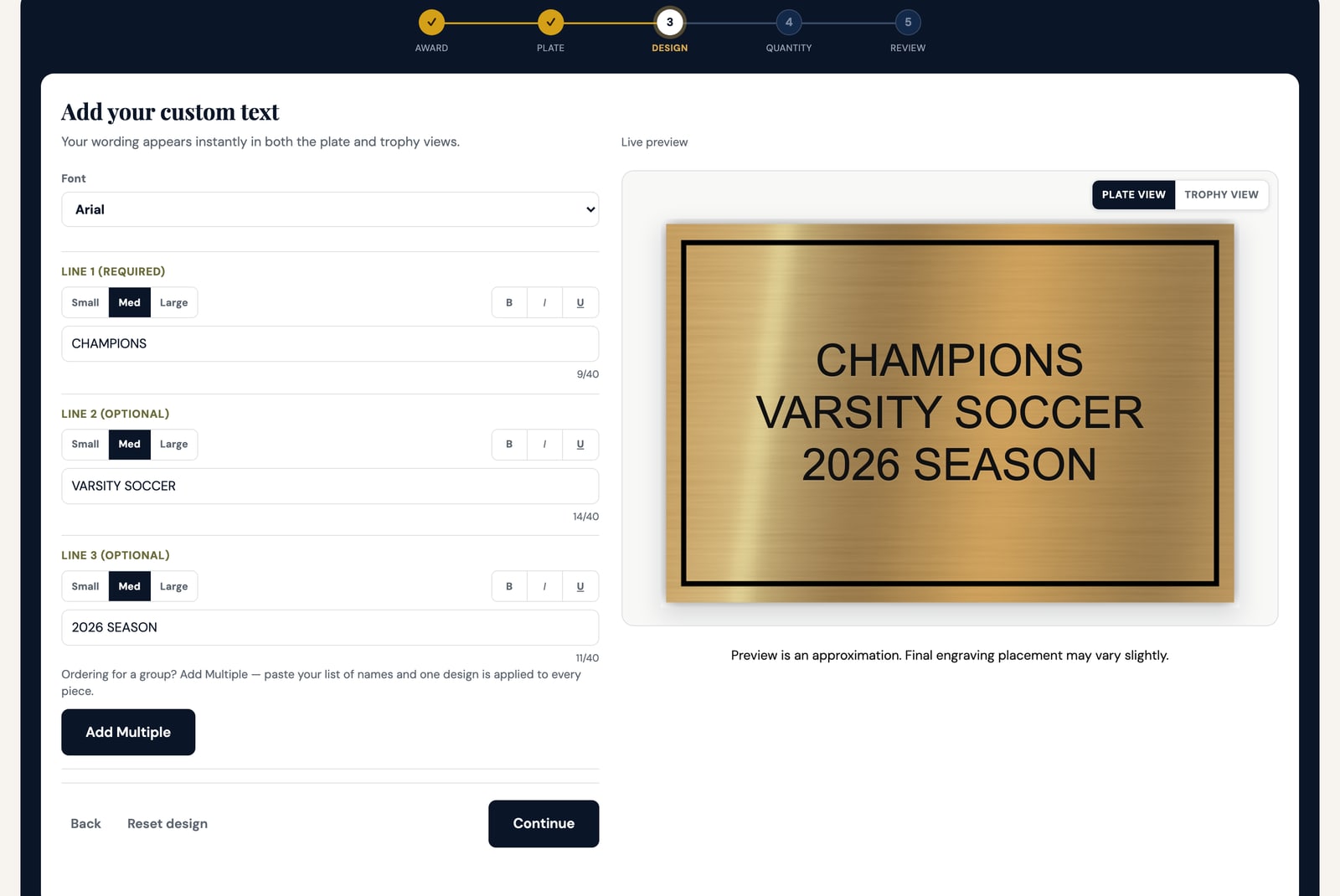Trophy designer showing a live engraving plate for a varsity soccer championship