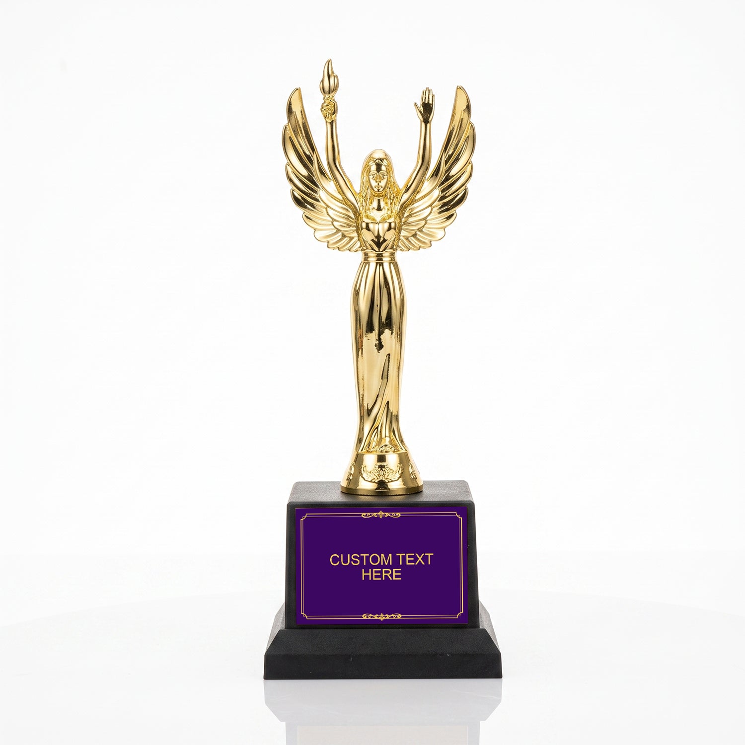 Gold victory figurine trophy with a purple engraving plate